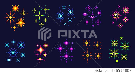 Pixel style fireworks. Art colorful sparkles, stars and glitters. Christmas y2k signs, 8-bit video games elements. Festive party compositions, neoteric vector set Pixel style fireworks. Art colorful sparkles, stars and glitters. Christmas y2k signs, 8-bit video games elements. Festive party compositions, neoteric vector set 126595808