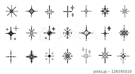Pixel sparkling stars. Y2k elements, isolated black sparkles and shining 8-bit signs. Retro style design, aesthetic decorations, neoteric vector clipart 126595810
