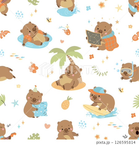Wombat seamless pattern. Cartoon wombats, wild emotional animals. Decorative print for fabric, wrapping, wallpaper. Cute nowaday vector background Wombat seamless pattern. Cartoon wombats, wild emotional animals. Decorative print for fabric, wrapping, wallpaper. Cute nowaday vector background 126595814