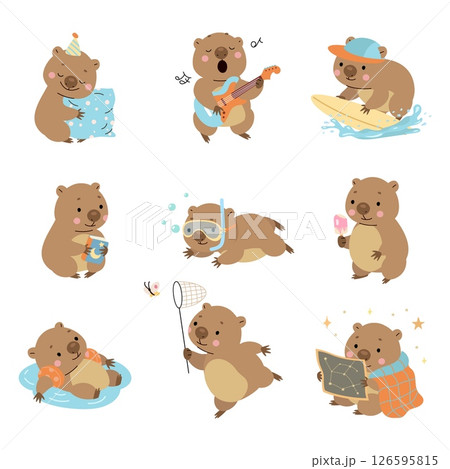 Cartoon wombat. Funny wombats in different poses. Wild animals sleeping eating singing reading book, swimming. Isolated childish mascots nowaday vector set 126595815