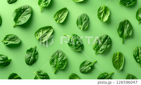 Spinach leaves organic botanical pattern on green background 126596047