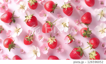 Strawberry fresh red fruit organic healthy snack food pattern on pink background 126596052