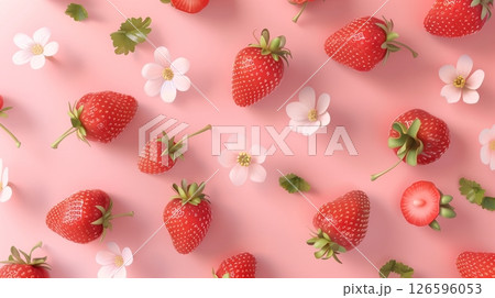 Strawberry fresh red fruit organic healthy snack food pattern on pink background 126596053