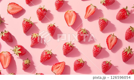 Strawberry fresh red fruit organic healthy snack food pattern on pink background 126596054
