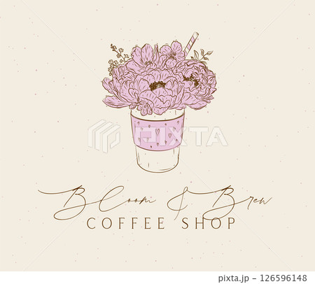 Coffee shop bloom and brew label design 126596148