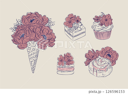 Bakery floral illustrations blue and red Bakery floral illustrations blue and red 126596153