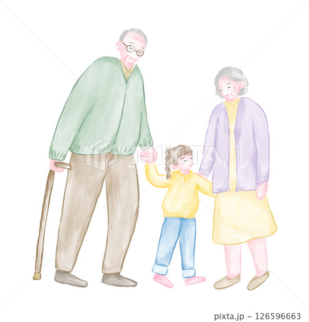 祖父母と孫が手をつなぐ温かい家族の水彩イラスト(敬老の日) 祖父母と孫が手をつなぐ温かい家族の水彩イラスト(敬老の日) 126596663