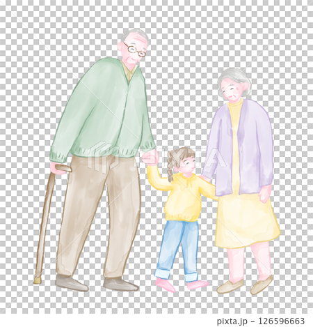 A warm watercolor illustration of a family of grandparents and grandchildren holding hands (Respect for the Aged Day) 126596663