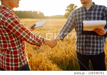Handshake, joint work of farmers. Two farmers making agreement with handshake in wheat field. Handshake, joint work of farmers. Two farmers making agreement with handshake in wheat field. 126596761