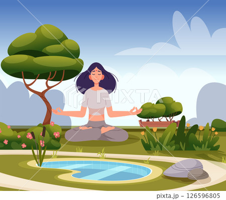 Meditation in nature. A girl meditates in a green garden by a pond Meditation in nature. A girl meditates in a green garden by a pond 126596805