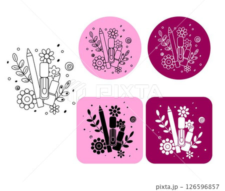 Beauty cosmetics Flower logotype. Vector graphic line illustration. Black and white cosmetic makeup art. Perfect for cards, decorations, stickers, logo, menu, various designs. 126596857