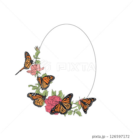 Hand drawn orange monarch butterfly and rose flowers oval frame 126597172