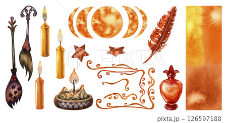 Watercolor Halloween esoteric clipart set with potions, candles, moon phases, stars, witch's broom, feather, frame, vignettes, colored background. Orange template for esoteric, astrology, witchcraft Watercolor Halloween esoteric clipart set with potions, candles, moon phases, stars, witch's broom, feather, frame, vignettes, colored background. Orange template for esoteric, astrology, witchcraft 126597188