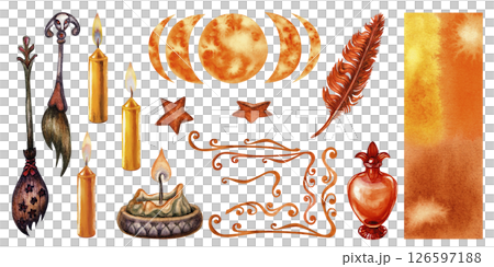 Watercolor Halloween esoteric clipart set with potions, candles, moon phases, stars, witch's broom, feather, frame, vignettes, colored background. Orange template for esoteric, astrology, witchcraft Watercolor Halloween esoteric clipart set with potions, candles, moon phases, stars, witch's broom, feather, frame, vignettes, colored background. Orange template for esoteric, astrology, witchcraft 126597188