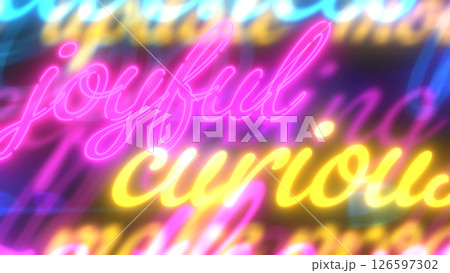 ポジティブな英単語が大小さまざまに重なったネオンのような背景 - CMYKカラー 126597302