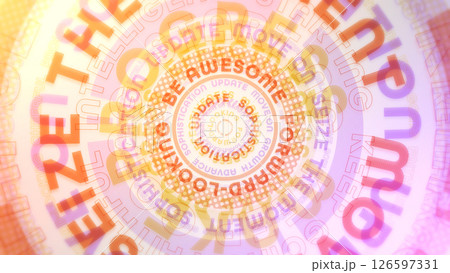 大きな円にポジティブな英単語が並んだ色セロハンのようなポップな背景 - オレンジ 126597331