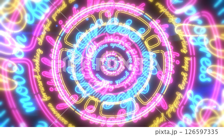 大きな円にポジティブな英単語が並んだネオンのような背景 - CMYKカラー 126597335