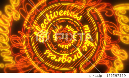 大きな円にポジティブな英単語が並んだネオンのような背景 - オレンジ 126597339