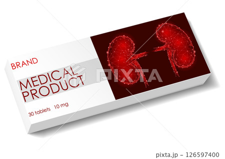 Kidney pills box illustration. Medicine package renal system anatomical design. Healthcare pharmacy nephrology urology advertising. Red maroon polygon white vector 126597400