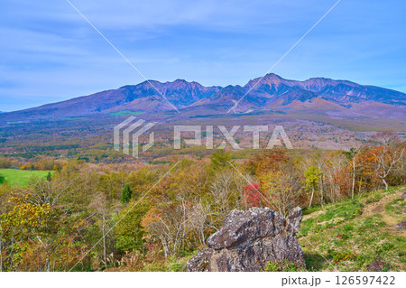 長野県南佐久郡の平沢峠(獅子岩八ヶ岳展望台)から北西側の眺望(八ヶ岳連峰,山梨県北杜市など) 126597422