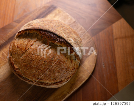 Crusty Artisan Sourdough Bread Close-Up. 126597595