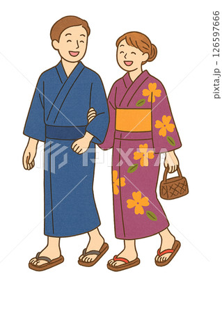 浴衣姿な男女が笑顔で歩く和風イラスト| 夏祭り・カップル・日本文化 126597666