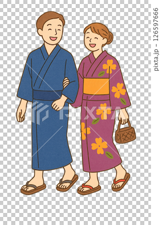浴衣姿な男女が笑顔で歩く和風イラスト| 夏祭り・カップル・日本文化 126597666