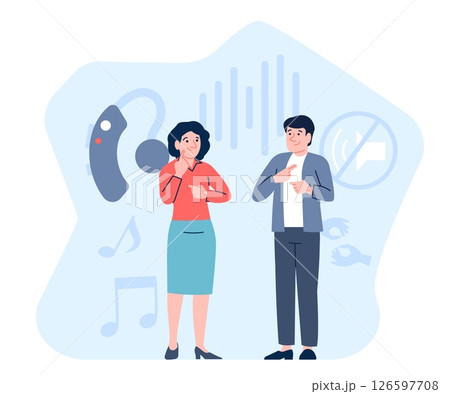 Deaf couple talking. Man talk with woman on sign language. Social communication and inclusive, dialogue. Deaf-mute characters recent vector scene Deaf couple talking. Man talk with woman on sign language. Social communication and inclusive, dialogue. Deaf-mute characters recent vector scene 126597708