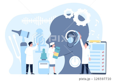 Deafness and hearing loss. Medical appointment for hear problems. Audiologist or otolaryngology, deaf people treatment and aid, recent vector concept 126597710