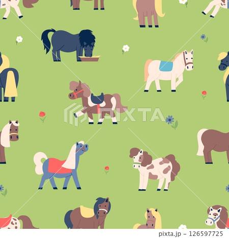 Funny flat pony on green meadow seamless pattern. Childish farm or market animals. Print for wallpaper fabric web design, vector background 126597725
