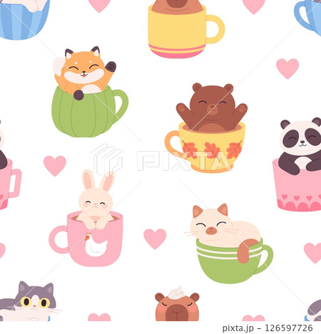 Funny animals in cups seamless pattern. Capybara bear bunny fox and cat smiling from cute mugs. Print design for fabric or wallpaper, vector background Funny animals in cups seamless pattern. Capybara bear bunny fox and cat smiling from cute mugs. Print design for fabric or wallpaper, vector background 126597726