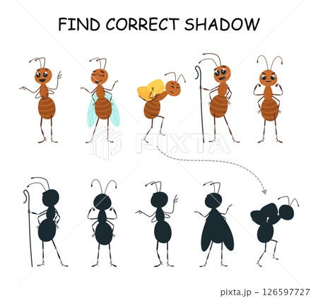 Find correct shadow, children play. Educational game for preschool or kindergarten kids for development of attention. Cartoon ants characters, vector template 126597727