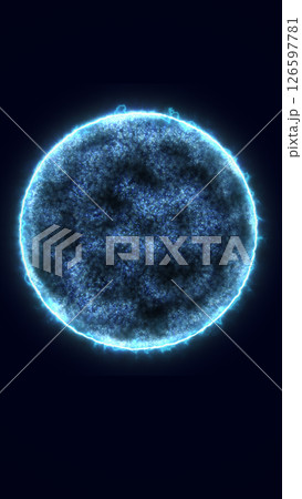 Brightly illuminated blue energy sphere in dark space, glowing edges with intricate surface texture and corona-like effects Brightly illuminated blue energy sphere in dark space, glowing edges with intricate surface texture and corona-like effects 126597781