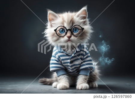 Little kitten in prison striped clothes on dark background 126597860