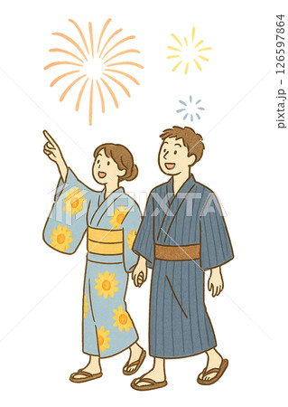 手を繋いで花火を見る男女のイラスト(浴衣・夏祭り) 126597864