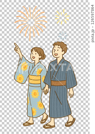 手を繋いで花火を見る男女のイラスト(浴衣・夏祭り) 126597864