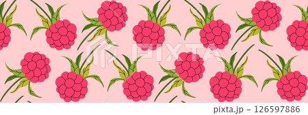 Pink raspberry seamless pattern on pink background. Spring garden background. Summer berry menu, cold drinks. Perfect for textile, menu, packaging, kitchen design. Flat vector illustration. 126597886