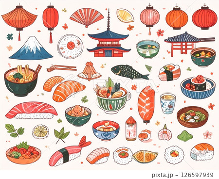 日本の伝統的な食べ物アイコン、かわいい手描き風 126597939