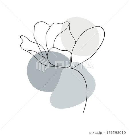 Misty Blue Line Flower. A soft, abstract floral illustration with misty blue and grey accents, drawn with a single continuous line. Misty Blue Line Flower. A soft, abstract floral illustration with misty blue and grey accents, drawn with a single continuous line. 126598010