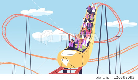 People roller coaster. Friends coworkers ride on rollercoaster in amusement park, thrill happy emotion extreme attraction fast train rail, summer holiday classy vector illustration 126598093