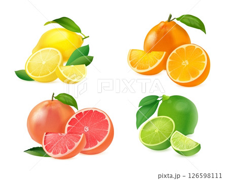 Realistic citrus fruits. 3d lemon grapefruit orange lime fresh juice vitamin c product juicy fruit slice with leaf tropical healthy food oranges set exact vector illustration Realistic citrus fruits. 3d lemon grapefruit orange lime fresh juice vitamin c product juicy fruit slice with leaf tropical healthy food oranges set exact vector illustration 126598111