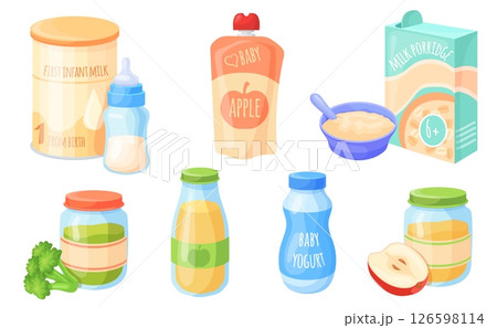 Baby food products. Infant kid nutrition, milk porridge box apple juice fruit vegetable puree powder jar spoon bottle feed babies healthy meal, cartoon set neat vector illustration Baby food products. Infant kid nutrition, milk porridge box apple juice fruit vegetable puree powder jar spoon bottle feed babies healthy meal, cartoon set neat vector illustration 126598114
