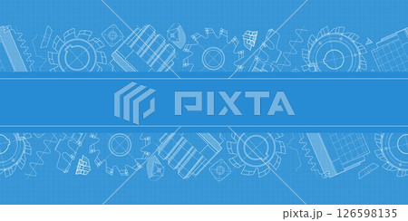 Mechanical engineering drawings on blue background. Cutting tools, milling cutter. Technical Design. Cover. Blueprint. Horizontal seamless pattern. Vector illustration. 126598135