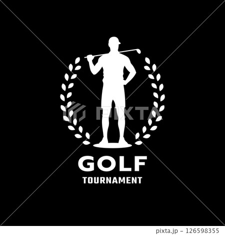 Silhouette of a man playing golf, logo, emblem on a dark background. Silhouette of a man playing golf, logo, emblem on a dark background. 126598355
