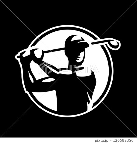 Silhouette of a man playing golf, logo, emblem on a dark background. Silhouette of a man playing golf, logo, emblem on a dark background. 126598356