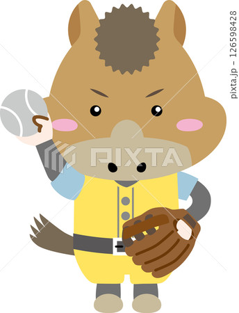 グローブで野球をするかわいい馬キャラクター（午年イラスト） 126598428