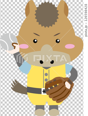 グローブで野球をするかわいい馬キャラクター（午年イラスト） 126598428