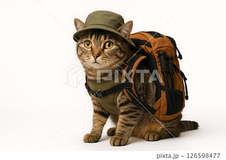 登山帽とバックパックを装備したキジトラ猫が座っている写真 126598477