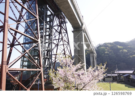 新たに完成したコンクリート製 餘部橋梁と旧余部橋梁の橋脚 桜 126598769