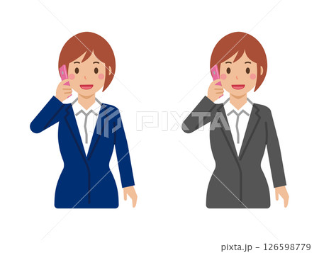 スマホで電話するショートヘアの若い女性。スーツ姿の上半身 126598779